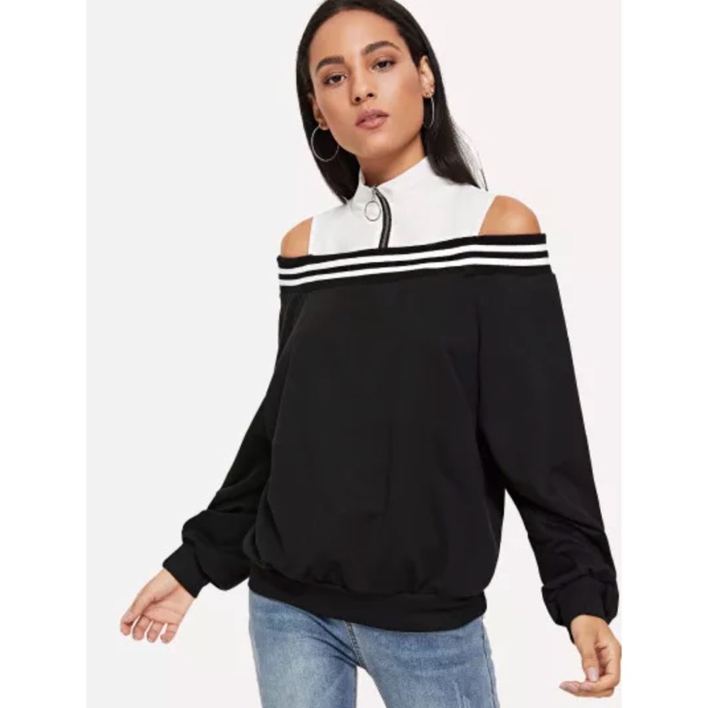 Striped Cold Shoulder Zip Front Sweatshirt